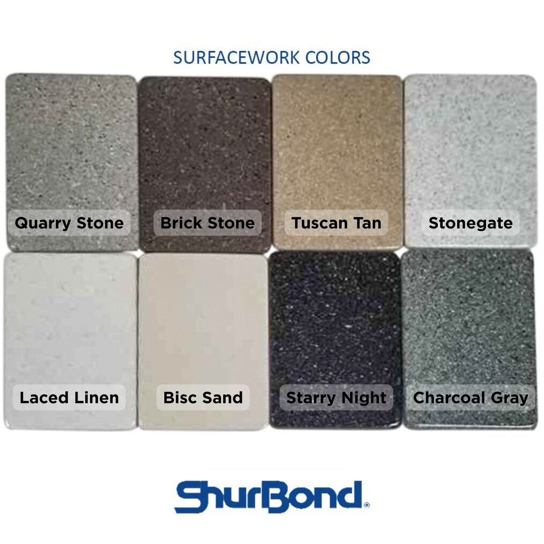 A color swatch grid showing eight surfacework material samples labeled Quarry Stone, Brick Stone, Tuscan Tan, Stonegate, Laced Linen, Bisc Sand, Starry Night, and Charcoal Gray, with the ShurBond logo below on a white background.